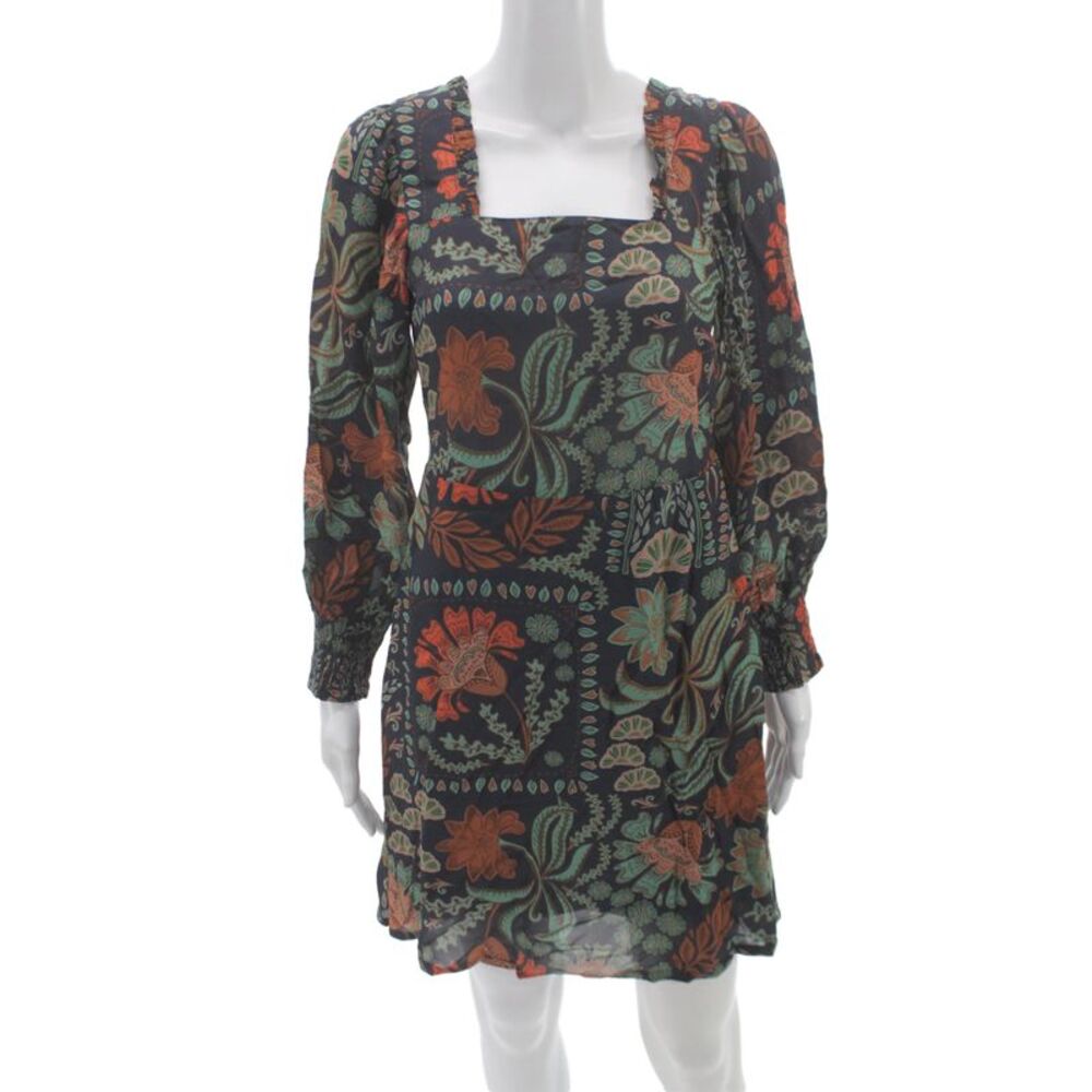 Spartina 449 Women Black Floral Mini Dress Square Neck Long Sleeve Size 2XS